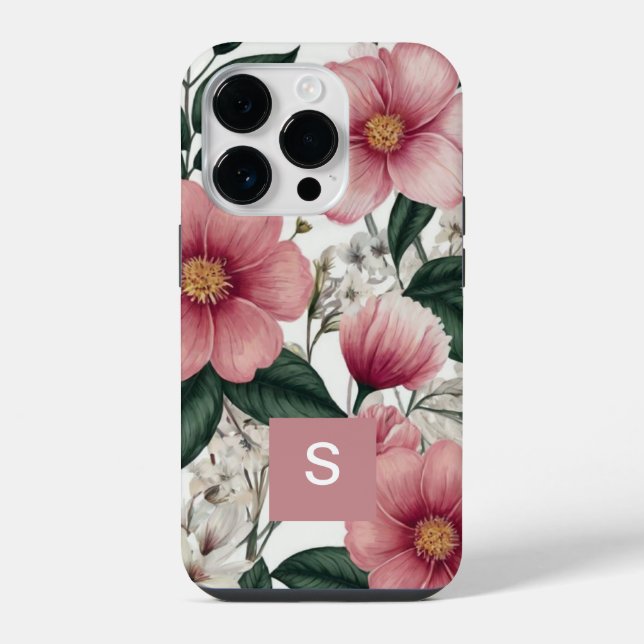Funda Para iPhone Flores botánicas rosadas modernas monogramadas (Reverso )
