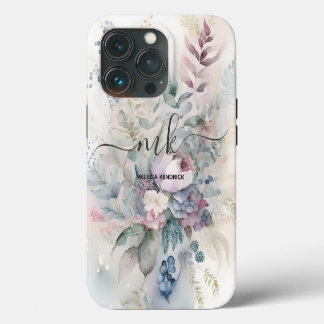 Funda Para iPhone 13 Pro Flores botánicas vintage Pastel Monograma