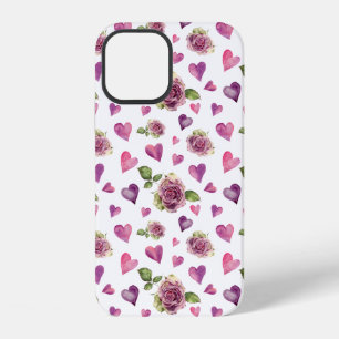 Funda Para iPhone 12 Flores Corazones Acuarela Rosa Púrpura