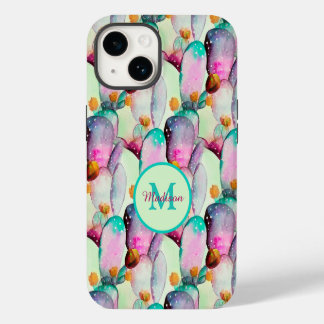 Funda Para iPhone 14 Flores de Cactus de Tuna en Acuarela con Monograma