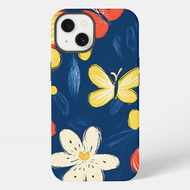 Funda Para iPhone Flores de crayón y mariposa (Reverso )
