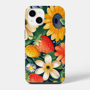 Funda Para iPhone 14 Flores de jardín de verano patrón de fresa