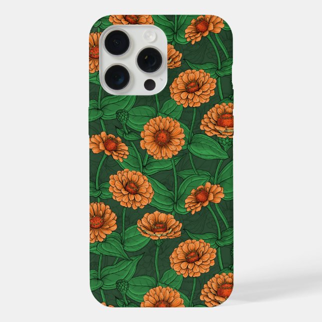Funda Para iPhone flores de la zinnia naranja, hojas verdes sobre ve (Reverso )