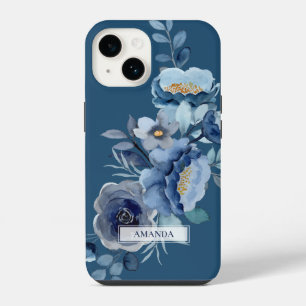 Funda Para iPhone 14 Flores de Marina Nombre Personalizado Azul