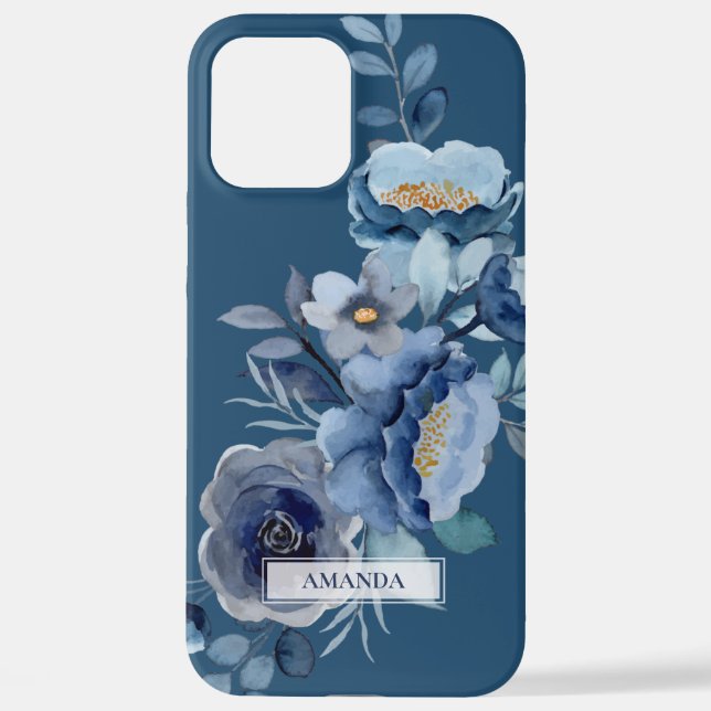 Funda Para iPhone Flores de marina | Nombre personalizado azul (Reverso )