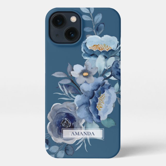 Funda Para iPhone Flores de marina | Nombre personalizado azul (Reverso )