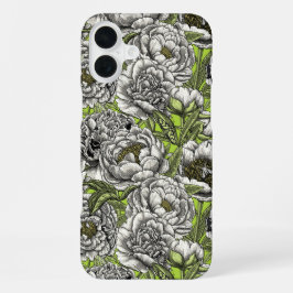 Funda Para iPhone 16 Plus flores de peonía blancas y polillas