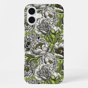 Funda Para iPhone 16 Plus flores de peonía blancas y polillas