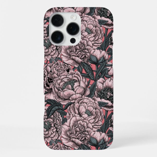 Funda Para iPhone Flores de peonía rosadas y mariposas nocturnas (Reverso )