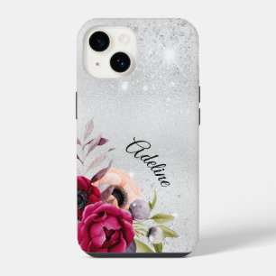 Funda Para iPhone 14 flores de purpurina plateada nombre burgundy