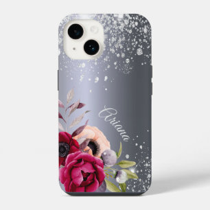 Funda Para iPhone 14 Flores de purpurina plateada nombre burgundy