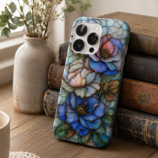 Funda Para iPhone 16 Pro Flores de Vidrio Pintado Elegantes Azules y Morada