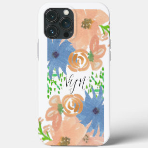 Funda Para iPhone 13 Pro Max Flores en Acuarela Monograma Azul Melocotón