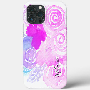Funda Para iPhone 13 Pro Max Flores en Acuarela Nombre en Letra Script Rosa Br