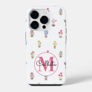 Funda Para iPhone 14 Pro Flores En Maceta De Campo Elegante Monograma Acuar