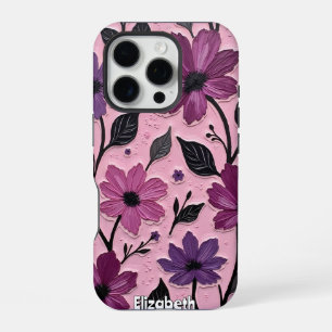 Funda Para iPhone 16 Pro Flores moradas texturadas sobre rosa