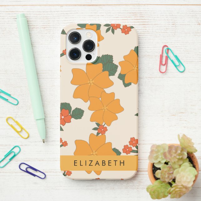 Funda Para iPhone Flores naranjas, Patrón De Flores, Su Nombre (En el escritorio)