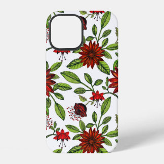 Funda Para iPhone 12 flores rojas abstractas y hojas verdes en la bac b
