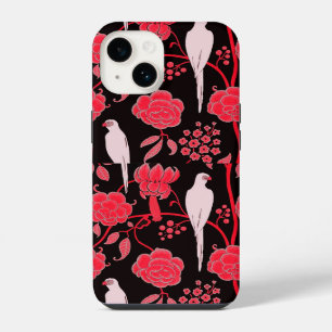FUNDA PARA iPhone 14 FLORES ROJOS ART DECO, PARROS BLANCOS EN NEGRO