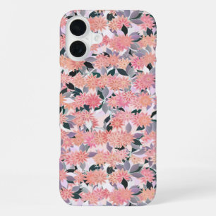 Funda Para iPhone 16 Plus Flores rosadas sobre un fondo de hojas de plata