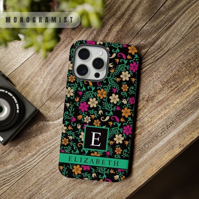 Funda Para iPhone Flores rosadas verdes florales negras personalizab (Customizable Black Floral Pink Green Flowers iPhone Case)
