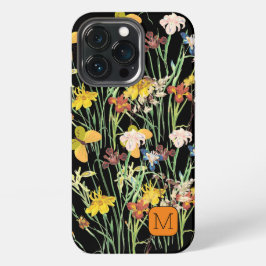 Funda Para iPhone 13 Pro Flores silvestres adorables iniciales Patrón negro