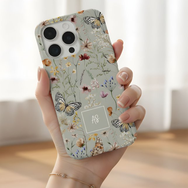 Funda Para iPhone Flores silvestres de acuarela boho Patrón Monogram (Subido por el creador)