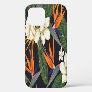 Funda Para iPhone 12 Flores tropicales, fondo oscuro, sin costura flora