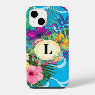 Funda Para iPhone 14 Flores Tropicales Hawaianas y Monograma de Maripos