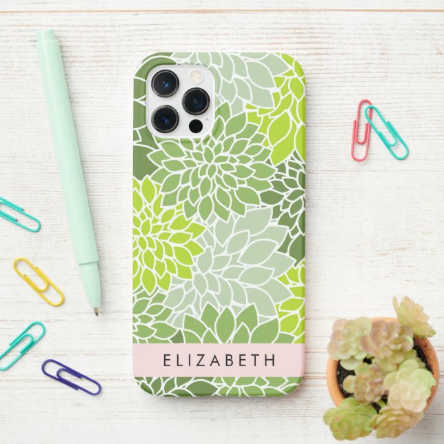 Funda Para iPhone Flores verdes de Dahlia, patrón floral, tu nombre (En el escritorio)