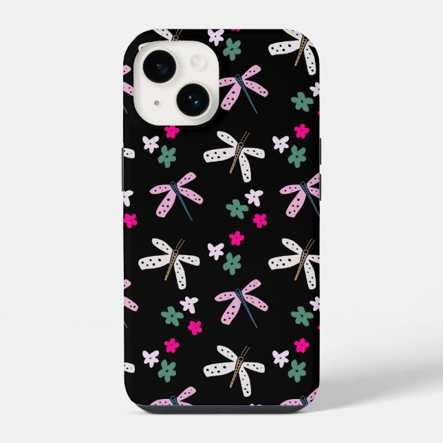 Funda Para iPhone Flores y libélulas en negro (Reverso )