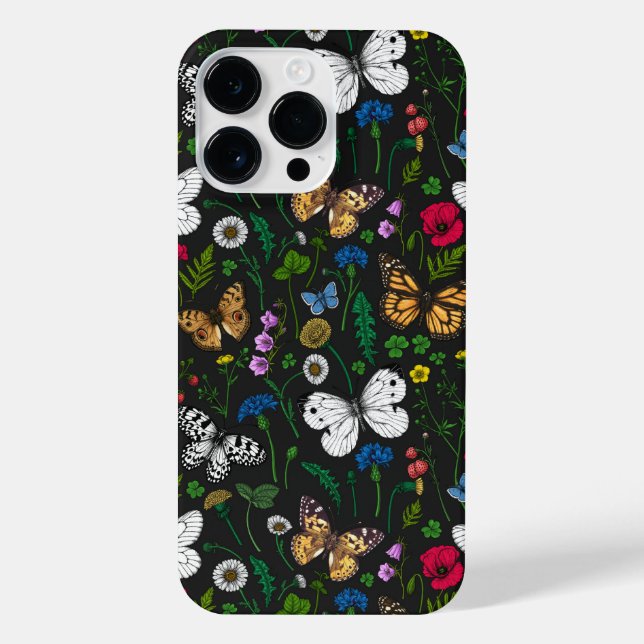 Funda Para iPhone Flores y mariposas silvestres en negro (Reverso)