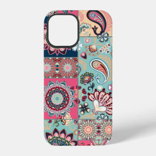 Funda Para iPhone 12 Fondo continuo de parches con paisley y flo