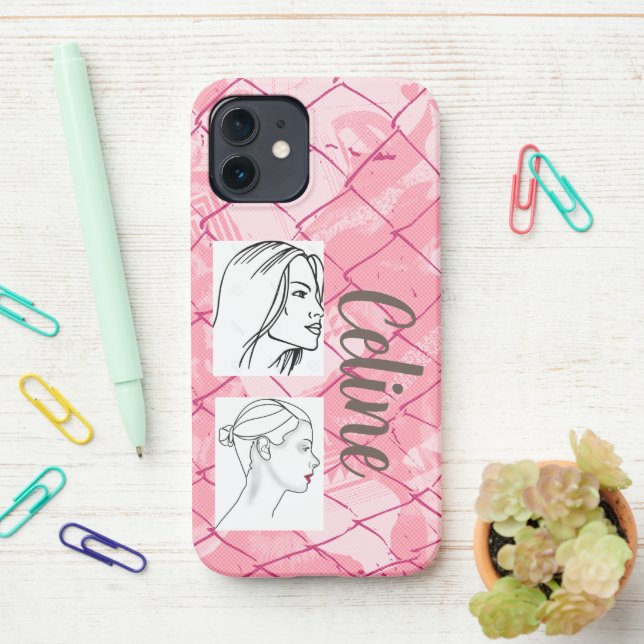 Funda Para iPhone Fondo de la valla de alambre rosa/fotos editables/ (En el escritorio)