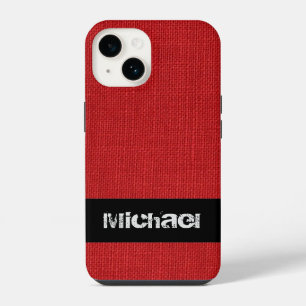 Funda Para iPhone 14 Fondo de Textura de Lino Rojo con Nombre Personali