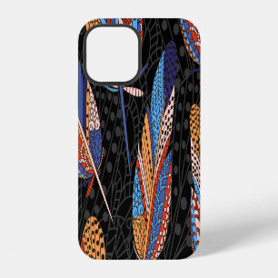 Funda Para iPhone 12 Fondo inoxidable con patrón de plumas coloridas.