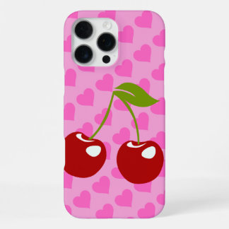 Funda Para iPhone 16 Pro Max Fondo rosa con corazones rojos y dos cerezas