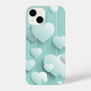 Funda Para iPhone 14 Fondo verde claro con corazones blancos 3D