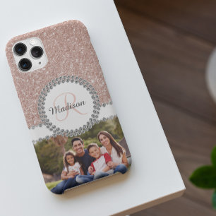 Funda Para iPhone 12 Foto Brillo Rosa Dorado Diamante Monograma