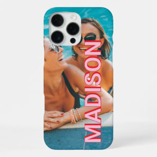 Funda Para iPhone 16 Pro Max Foto de nombre con monograma rosa moderno rojo