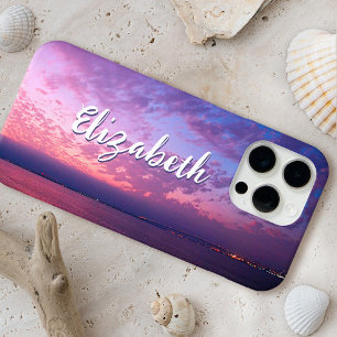 Funda Para iPhone 16 Pro Max Foto del atardecer del océano púrpura con nombre e