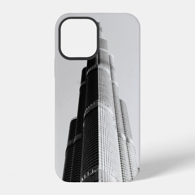 FUNDA PARA iPhone FOTO EN ESCALA DE GRISES DE EDIFICIO DE GRAN ALTUR (Reverso )