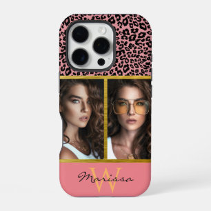 Funda Para iPhone 16 Pro Fotomontaje y monograma de estampado de leopardo d