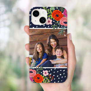 Funda Para iPhone 14 Fotos personalizadas con flores brillantes y punto