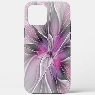 Funda Para iPhone 12 Pro Max Fractal Floral Moderno Abstracto Flor Rosa Gris