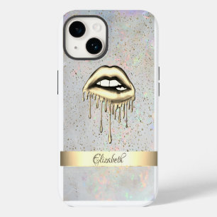 Funda Para iPhone 14 Frania Dorada, Labios Goteantes Metálicos Holográf