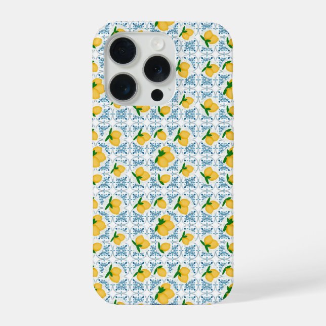 Funda Para iPhone French Country Lemon Blue Tile Pattern (Reverso )