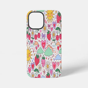 Funda Para iPhone 12 Mini Fresa Retro Adorable, Sol y Corazones Felices 