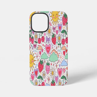 Funda Para iPhone 12 Mini Fresa Retro Adorable, Sol y Corazones Felices