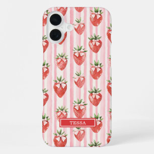 Funda Para iPhone 16 Plus Fresas acuarela con lazos coquette